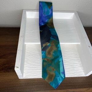 Hardy Amies London Blue Aqua Tan Watercolor Necktie
